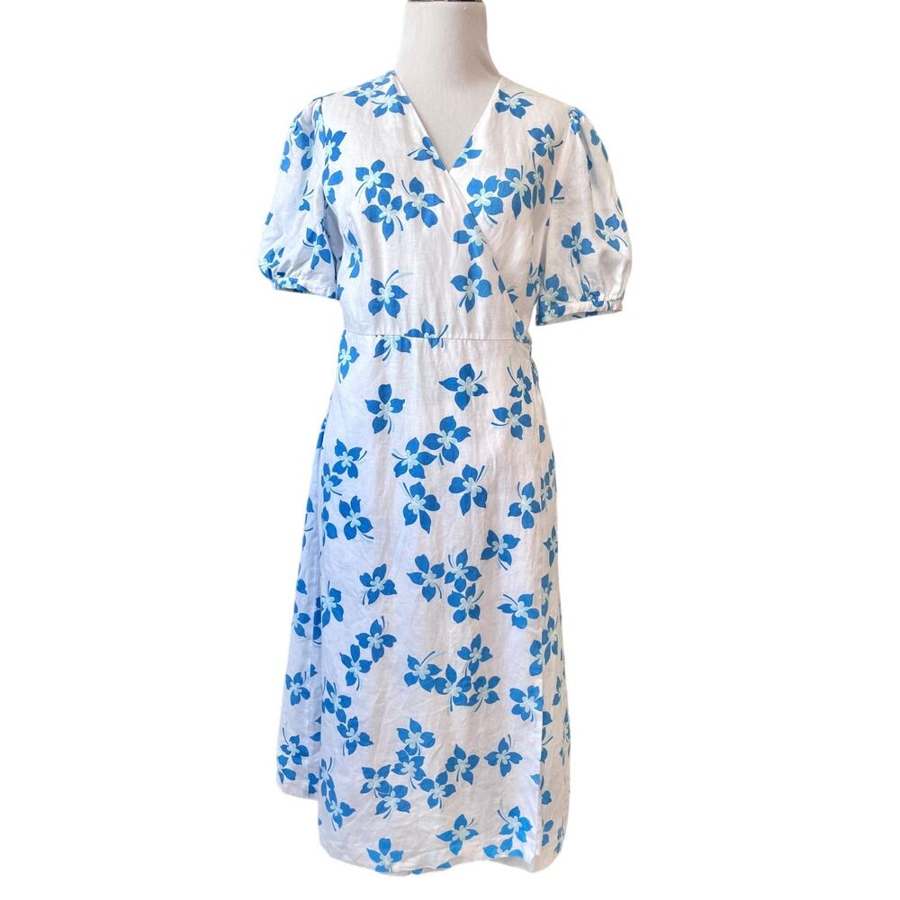 Draper James Linen Floral Midi Wrap Dress 4 White Blue Boho Coastal Euro Summer